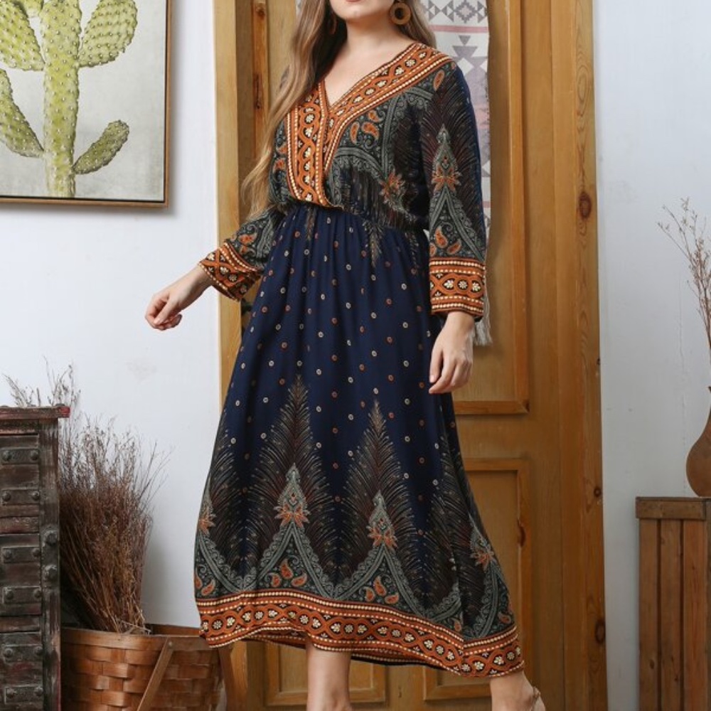 Plus Paisley Print V neck Midi Dress Cottagecore - Picture 2 of 5